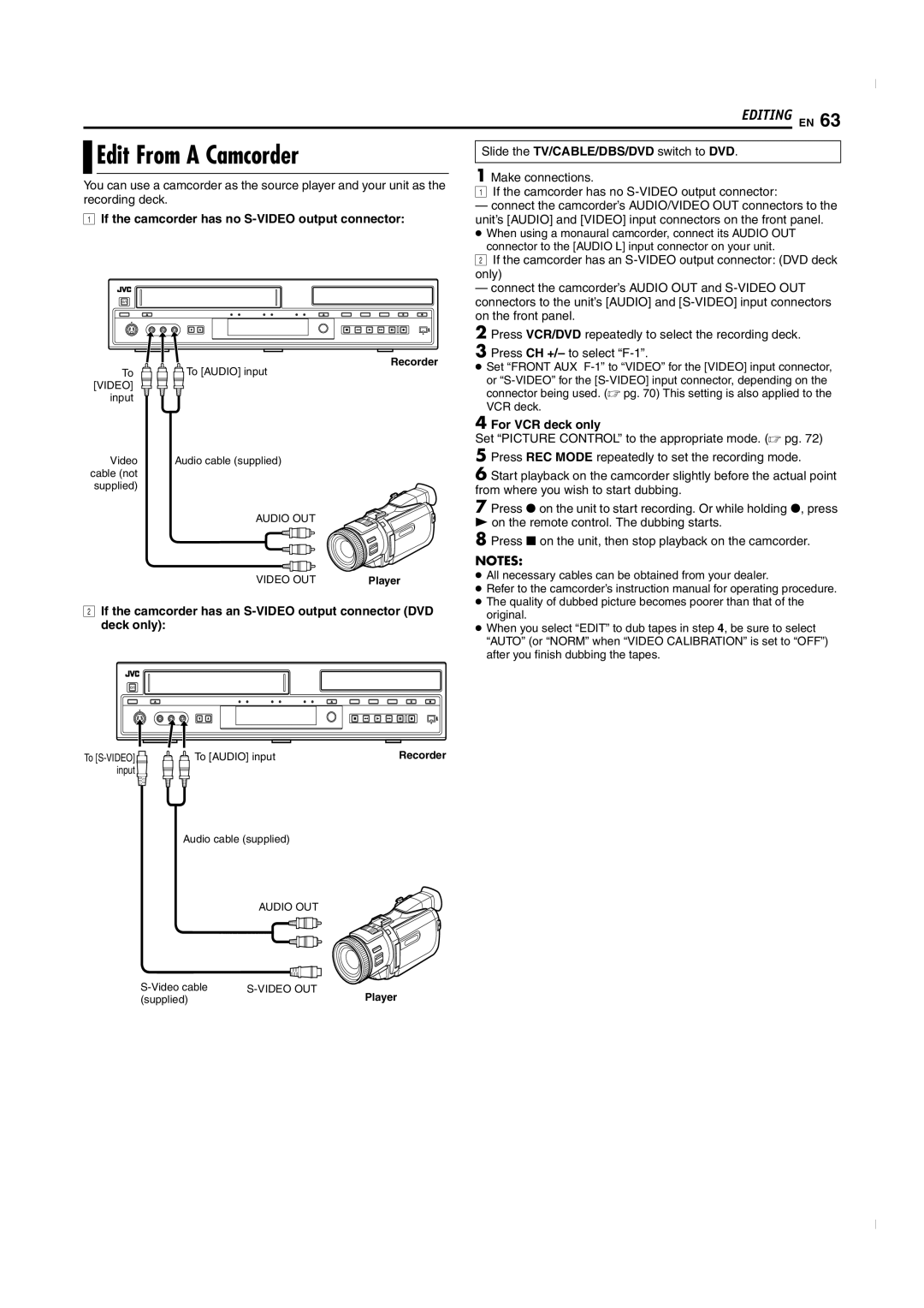 JVC SR-MV50U manual Edit From a Camcorder, If the camcorder has no S-VIDEO output connector, For VCR deck only 