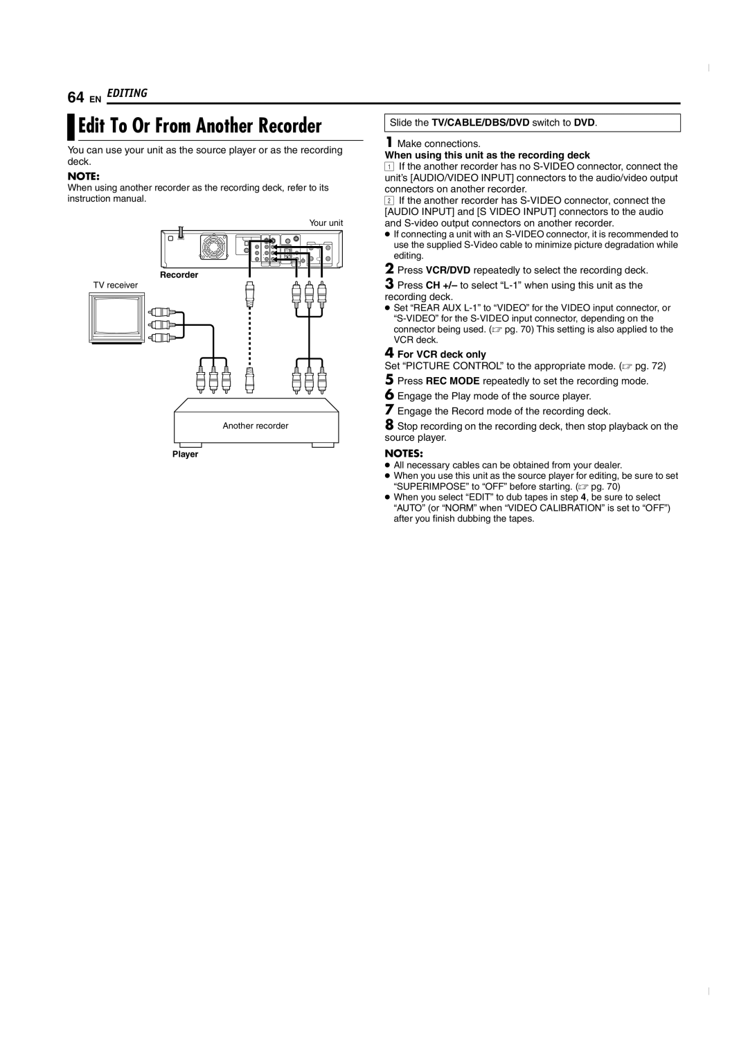 JVC SR-MV50U manual When using this unit as the recording deck 