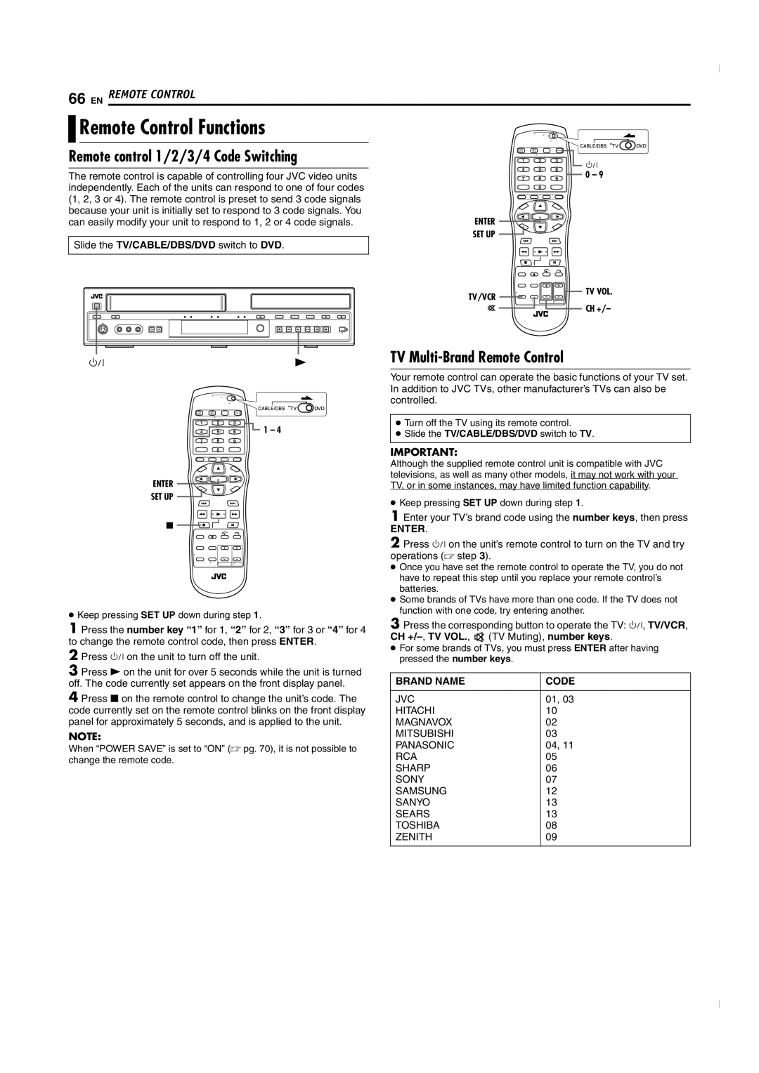 JVC SR-MV50U manual Remote Control Functions, Remote control 1/2/3/4 Code Switching, TV Multi-Brand Remote Control 