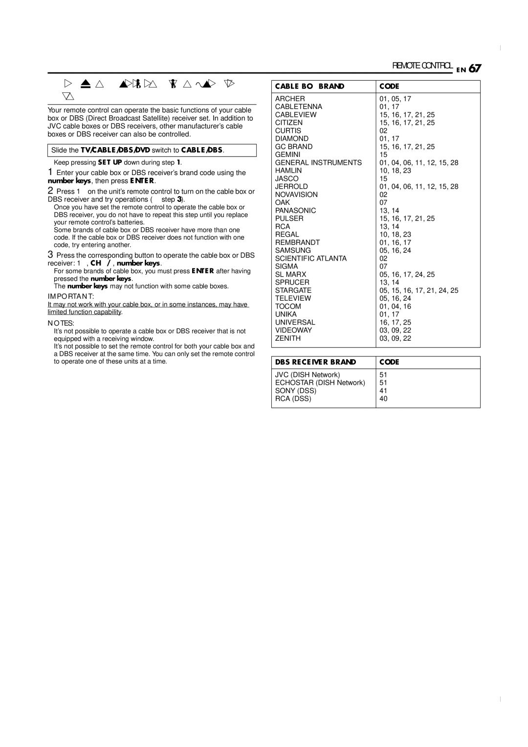 JVC SR-MV50U manual Control, Slide the TV/CABLE/DBS/DVD switch to CABLE/DBS, Number keys, then press Enter 