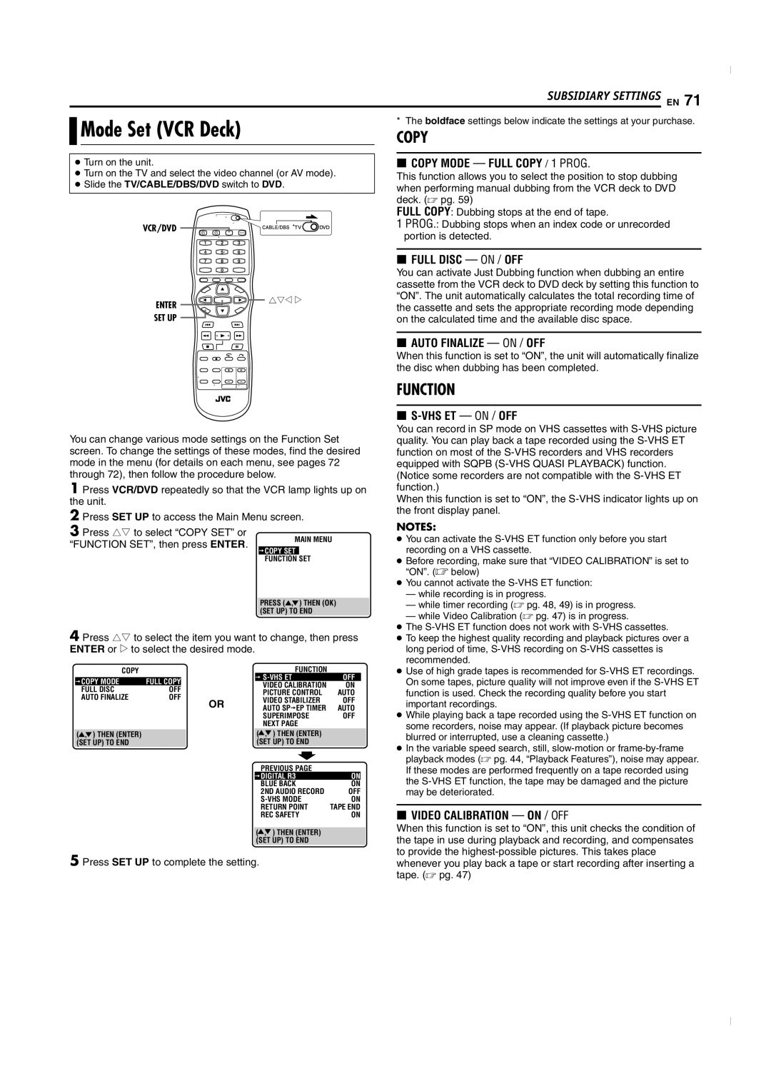 JVC SR-MV50U manual Mode Set VCR Deck, Function SET, then press Enter 