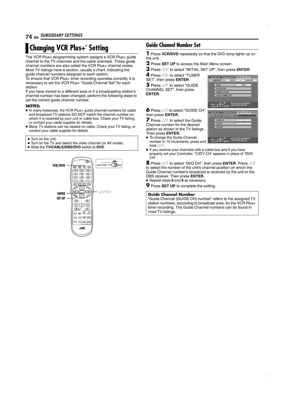 JVC SR-MV50U manual Setting, Guide Channel Number Set 