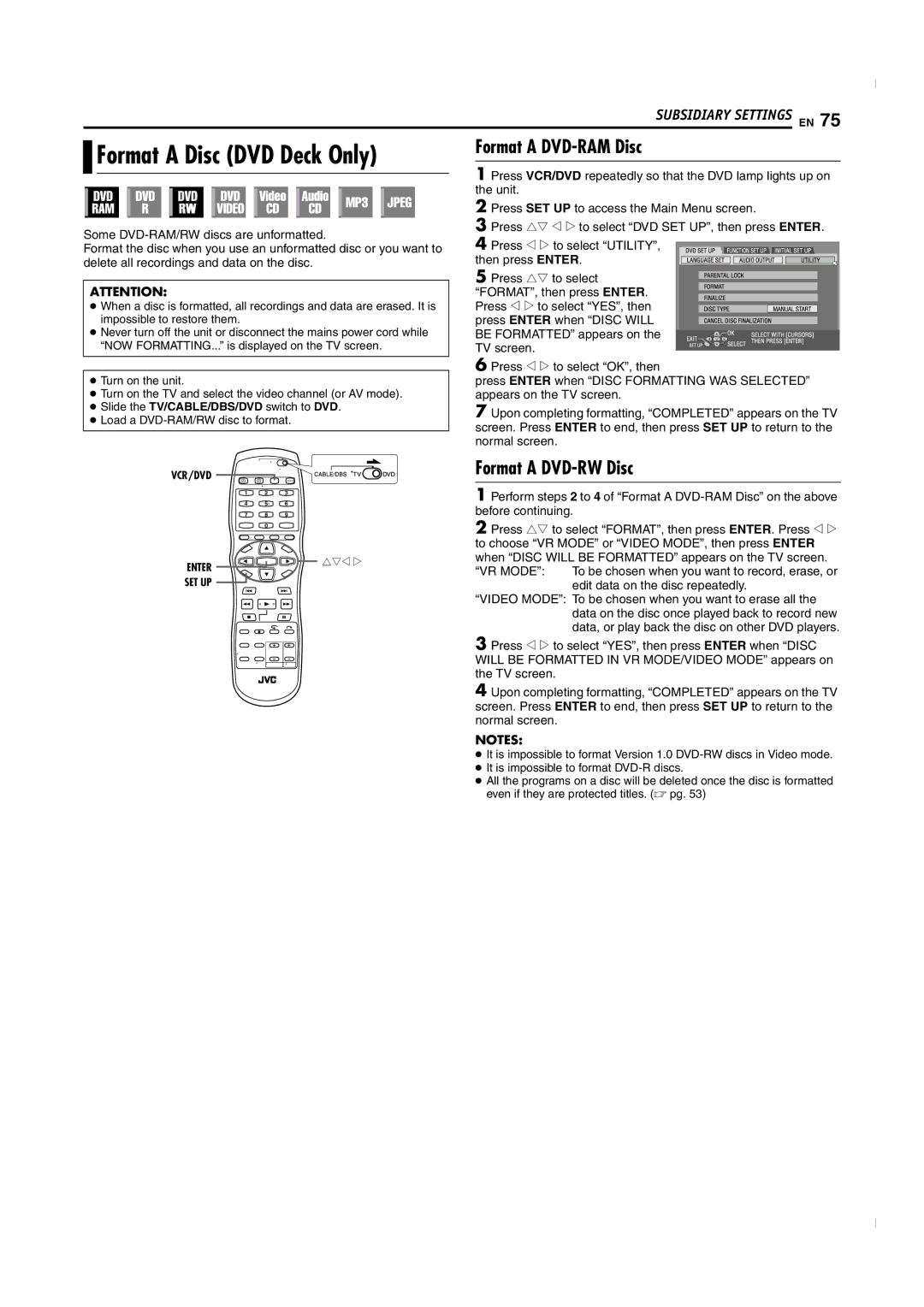 JVC SR-MV50U manual Format a Disc DVD Deck Only, Format a DVD-RAM Disc, Format a DVD-RW Disc 