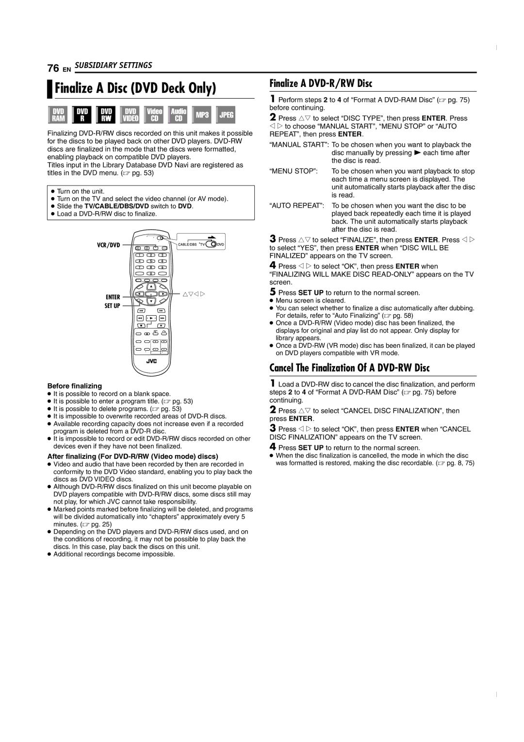 JVC SR-MV50U manual Finalize a Disc DVD Deck Only, Finalize a DVD-R/RW Disc, Cancel The Finalization Of a DVD-RW Disc 