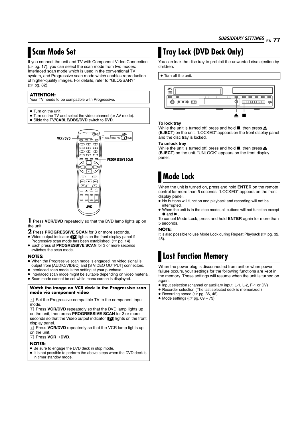 JVC SR-MV50U manual Scan Mode Set, Tray Lock DVD Deck Only, Mode Lock, Last Function Memory 