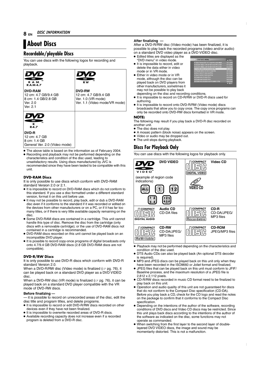 JVC SR-MV50U manual About Discs, Recordable/playable Discs, Discs For Playback Only, DVD-RAM Discs, DVD-R/RW Discs 