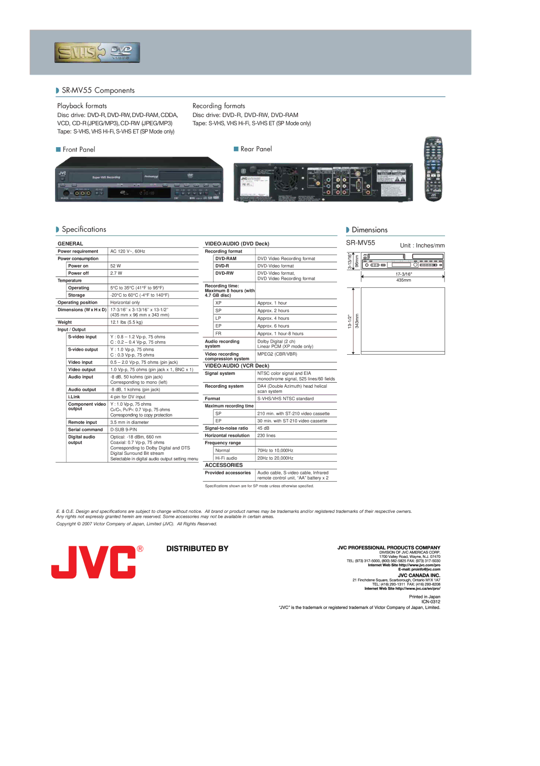 JVC manual SR-MV55 Components, Specifications Dimensions 