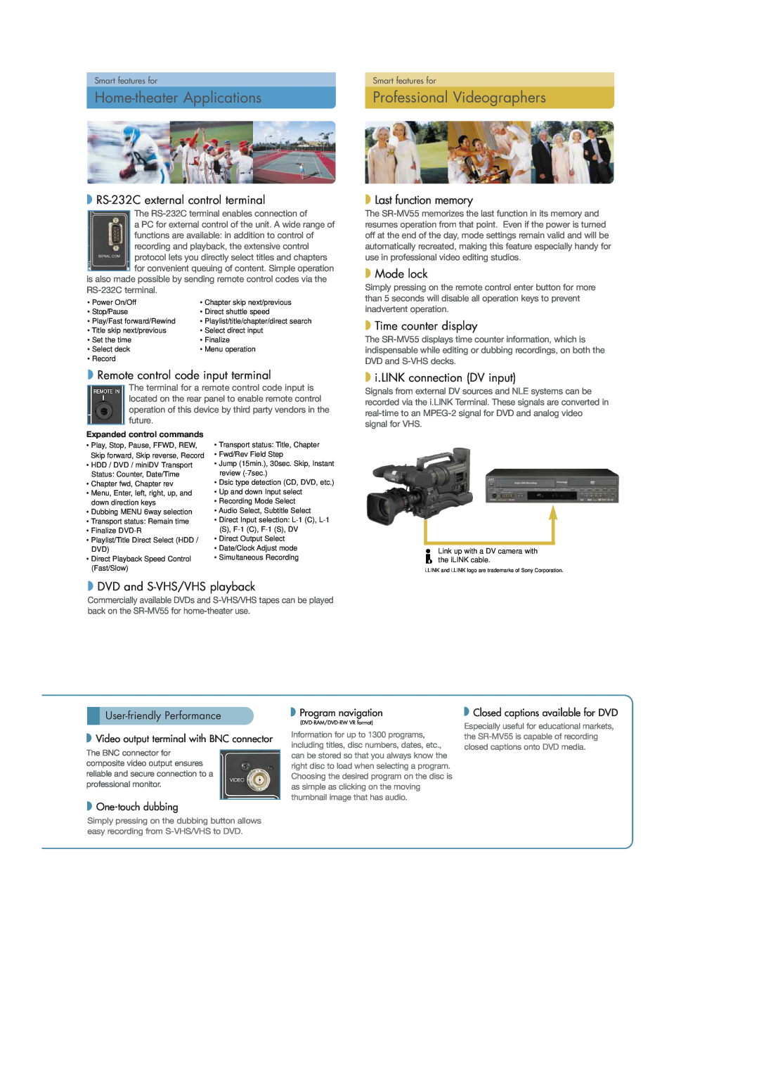 JVC SR-MV55 Home-theater Applications, Professional Videographers, RS-232C external control terminal, Last function memory 