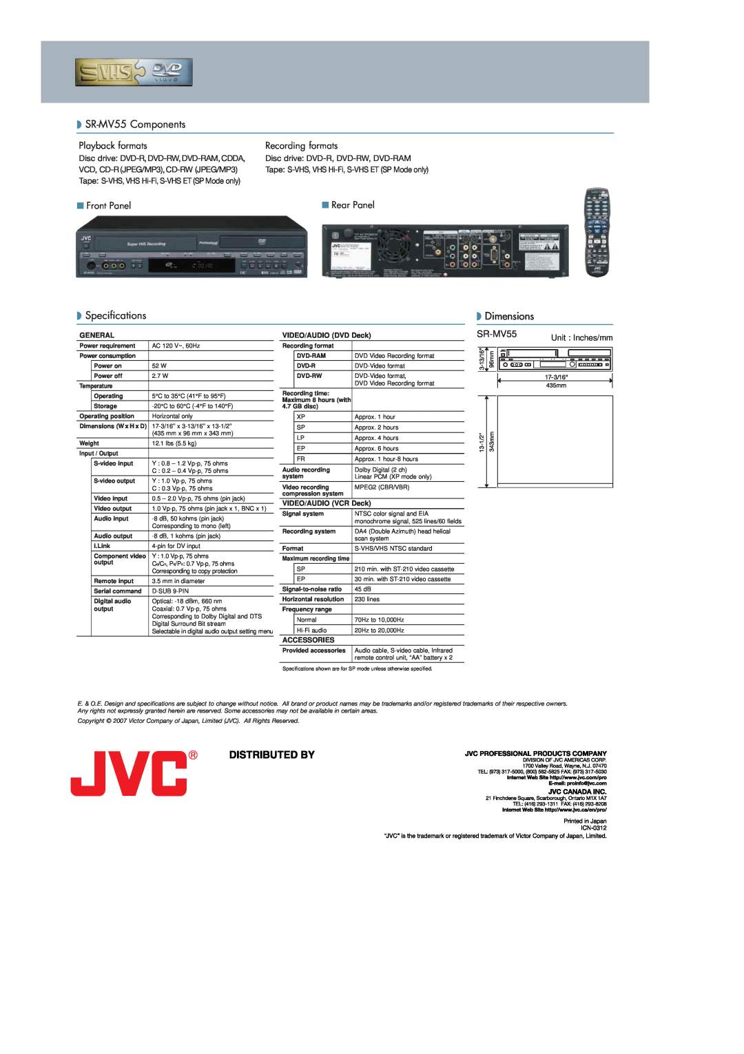 JVC manual SR-MV55 Components, Specifications, Dimensions, Playback formats, Recording formats, Front Panel, Rear Panel 