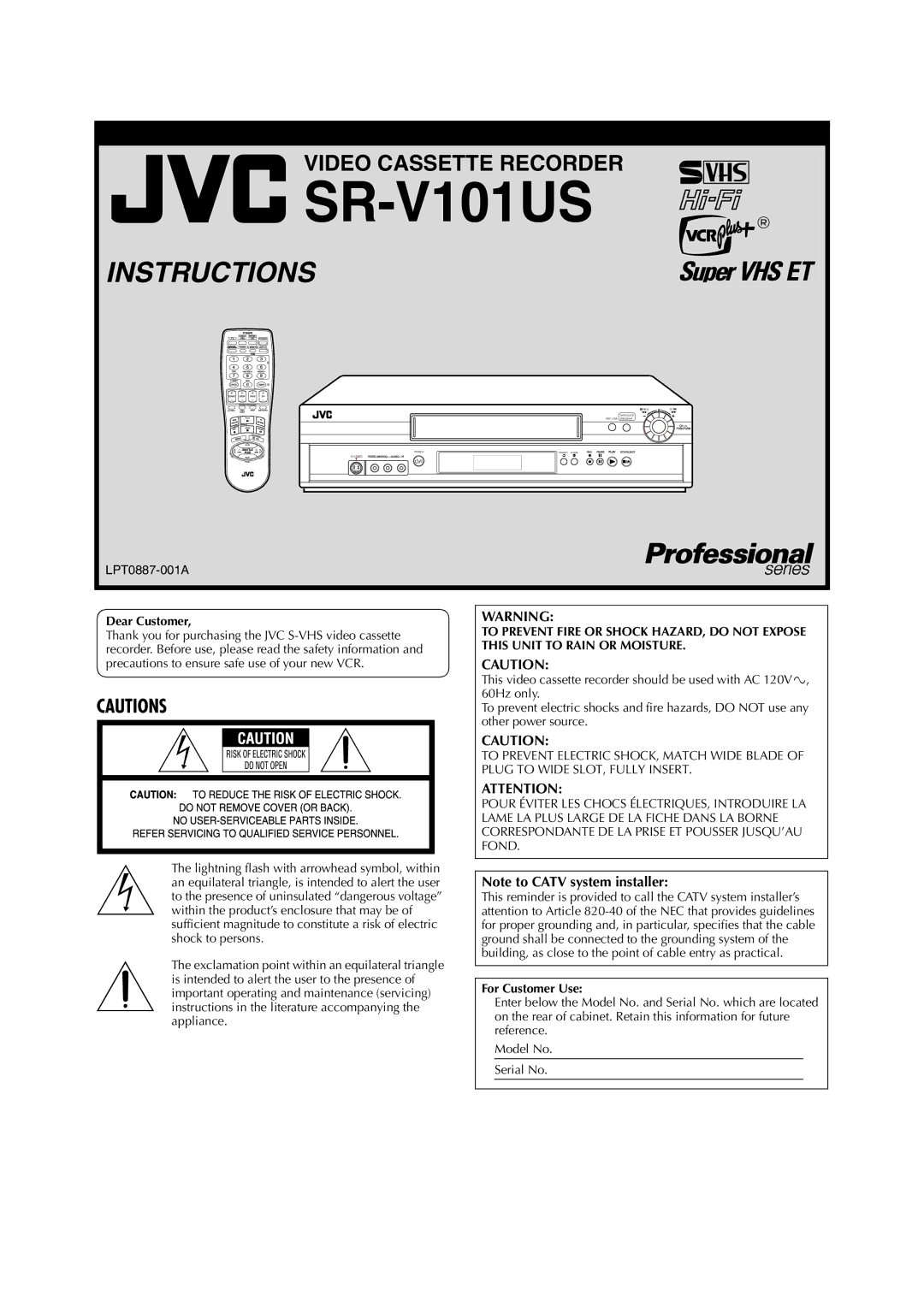 JVC SR-V101US manual Dear Customer, For Customer Use 