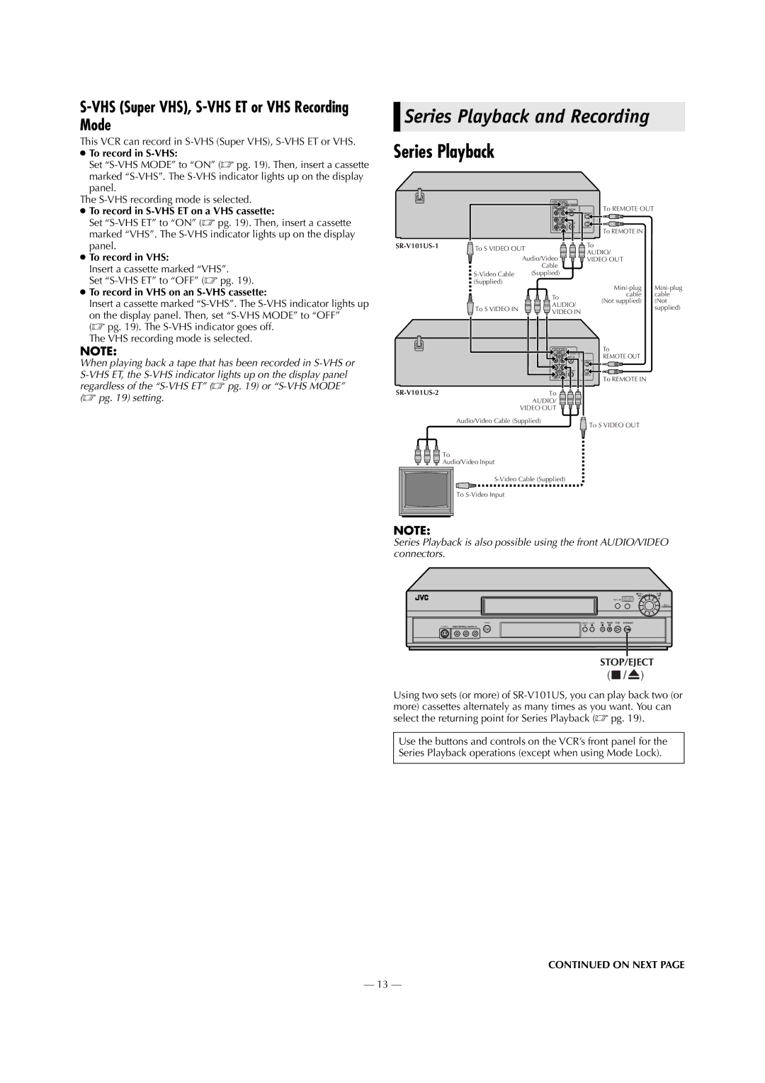 JVC SR-V101US manual Series Playback and Recording, VHS Super VHS, S-VHS ET or VHS Recording Mode 