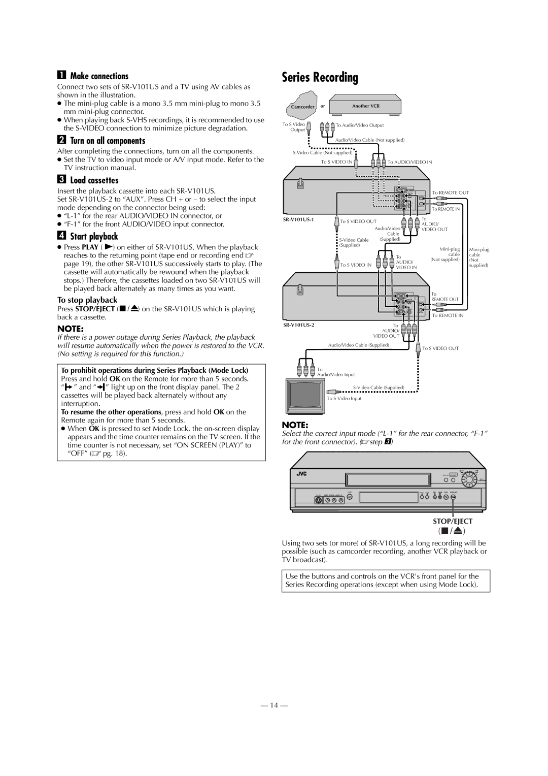 JVC SR-V101US manual Series Recording, Make connections, Turn on all components, Load cassettes, To stop playback 