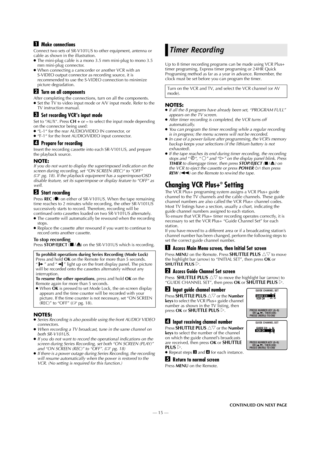 JVC SR-V101US manual Timer Recording, Changing VCR Plus+ Setting 