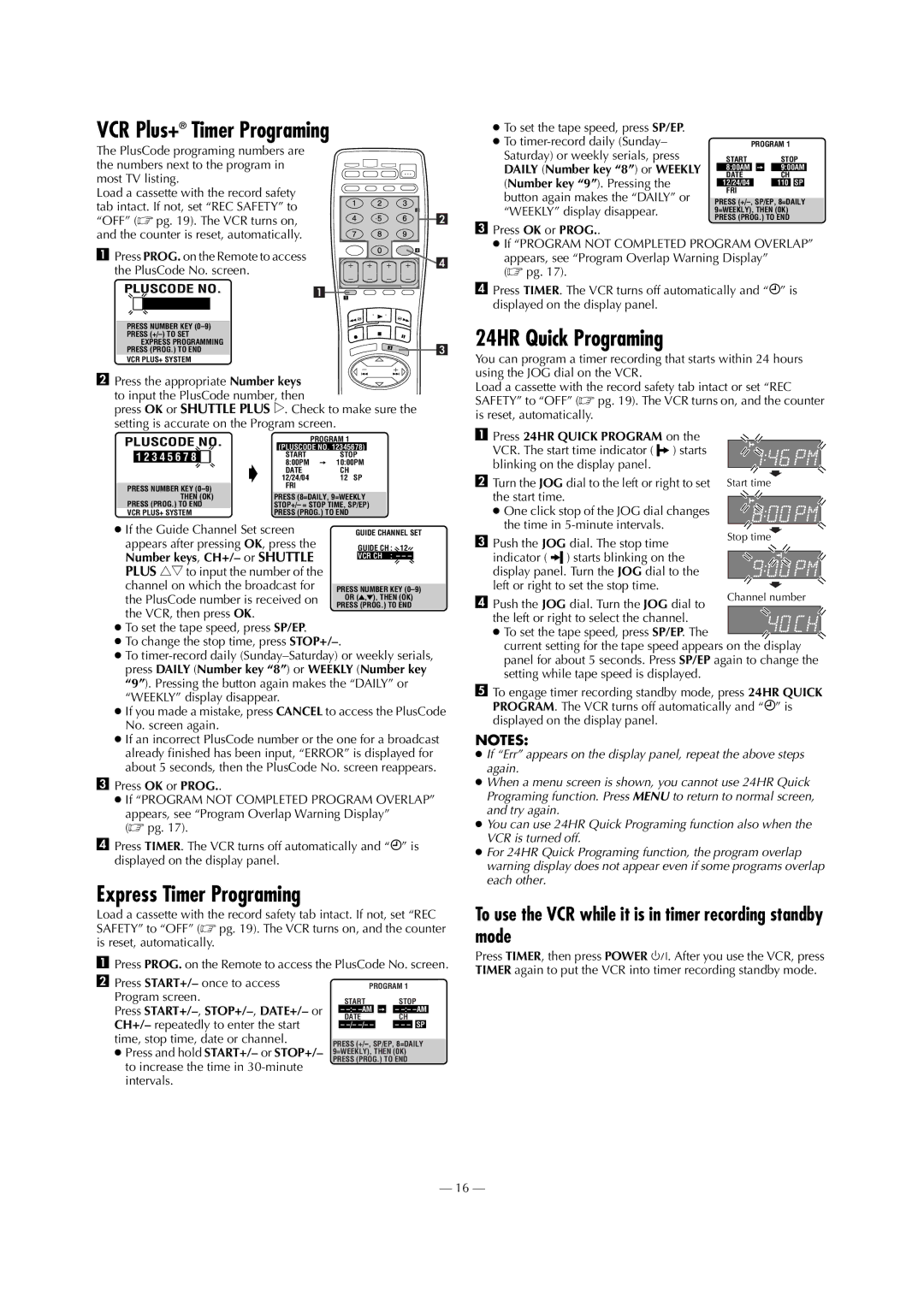 JVC SR-V101US VCR Plus+ Timer Programing, Express Timer Programing, 24HR Quick Programing, Press 24HR Quick Program on 