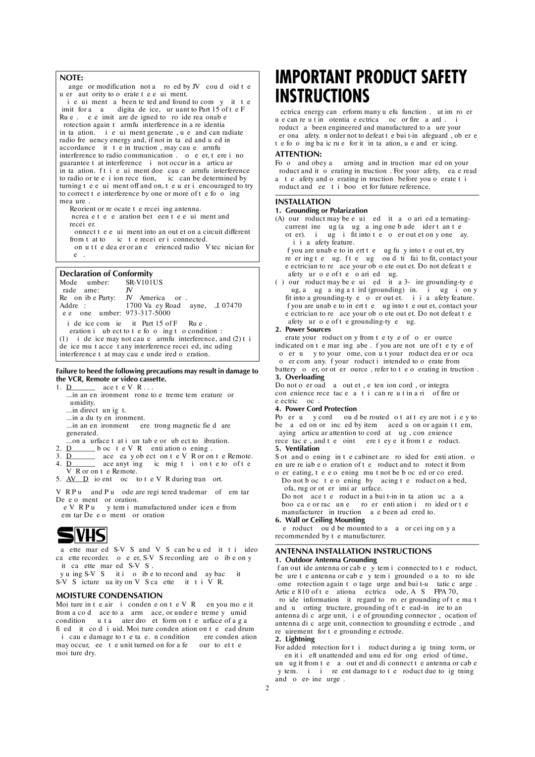 JVC SR-V101US manual Declaration of Conformity 