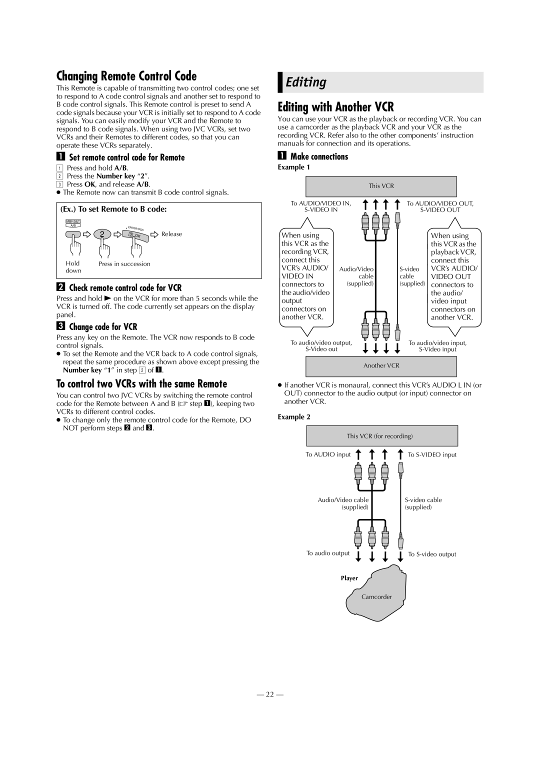 JVC SR-V101US manual Changing Remote Control Code, Editing with Another VCR 