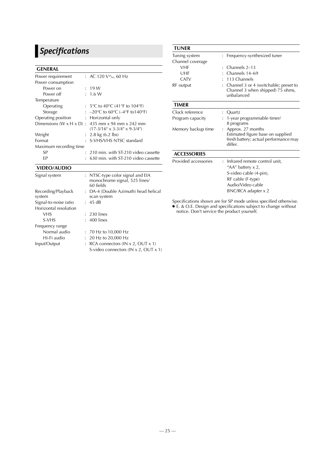 JVC SR-V101US manual Specifications 