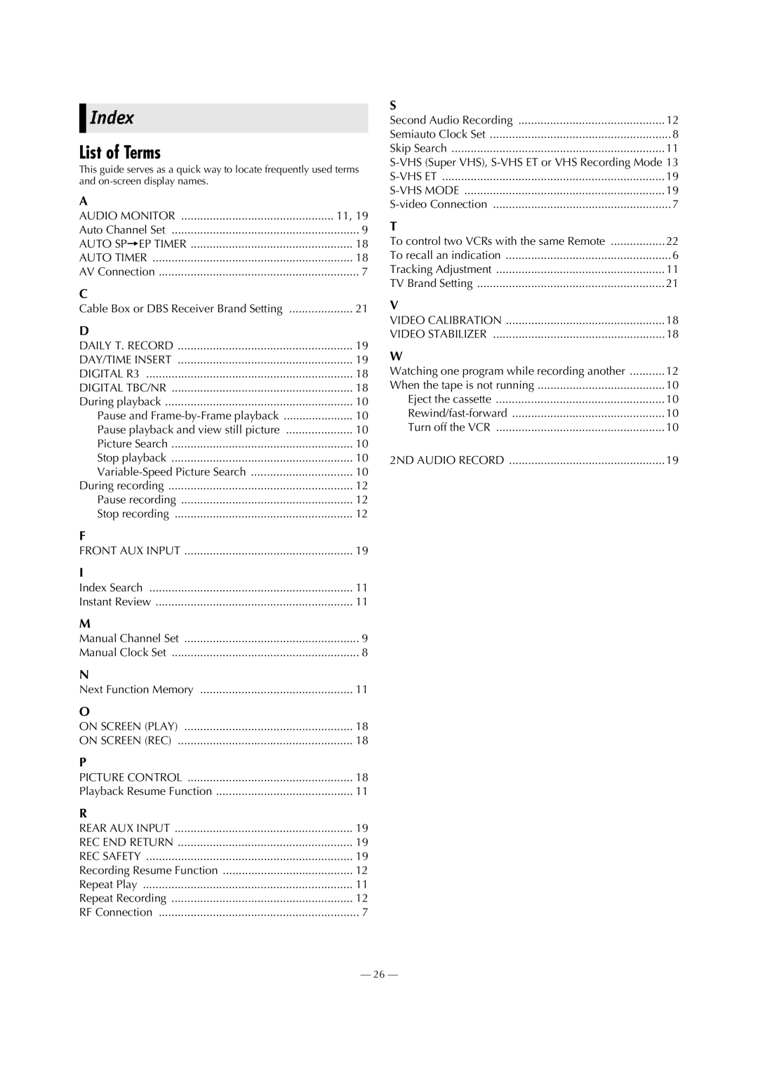 JVC SR-V101US manual Index, List of Terms 