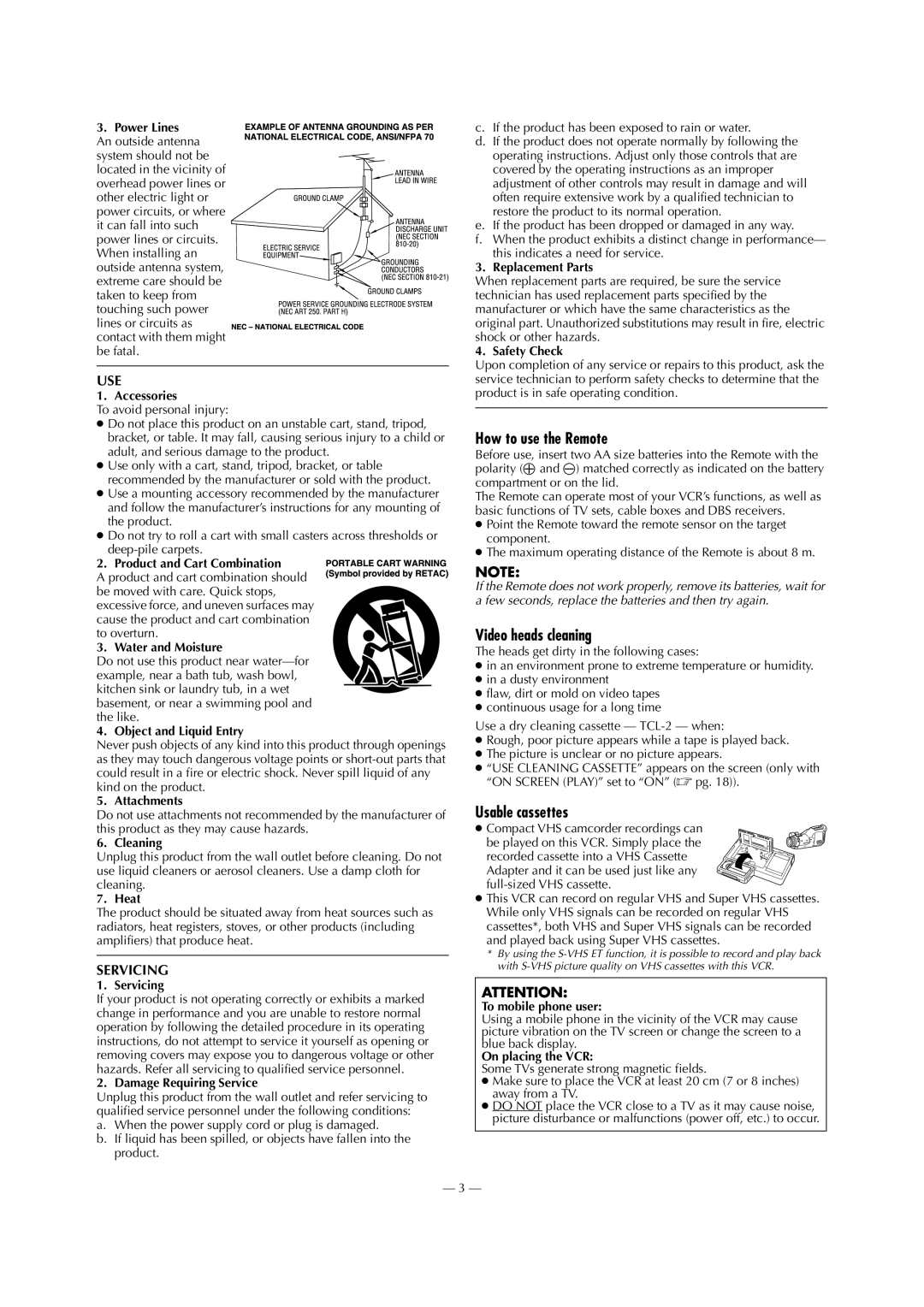 JVC SR-V101US manual How to use the Remote, Video heads cleaning, Usable cassettes 