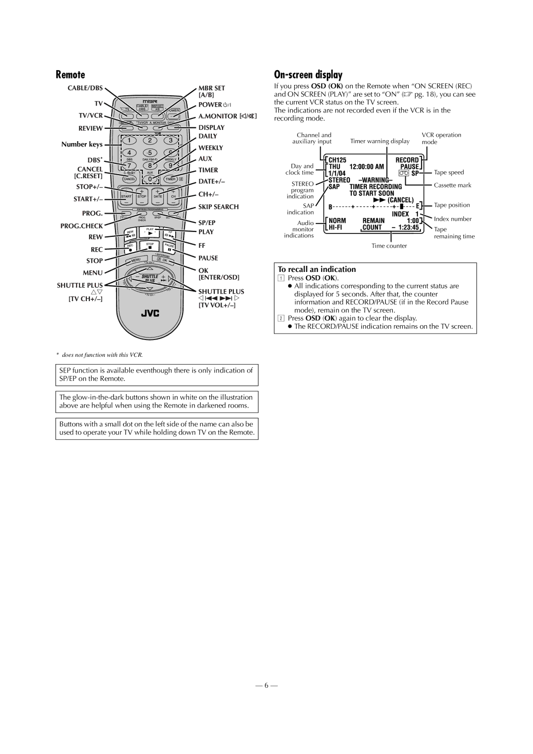 JVC SR-V101US manual Remote, On-screen display, To recall an indication, Number keys 