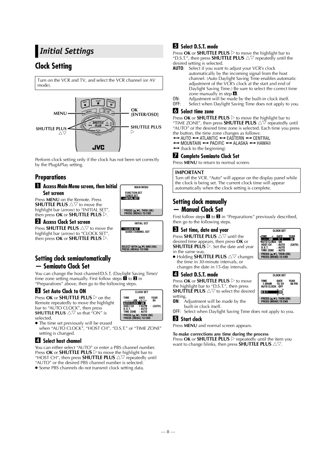 JVC SR-V101US Initial Settings, Clock Setting, Preparations, Setting clock manually Manual Clock Set 