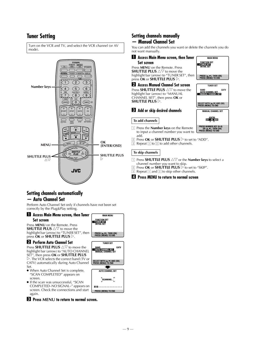 JVC SR-V101US Tuner Setting, Setting channels automatically Auto Channel Set, Setting channels manually Manual Channel Set 