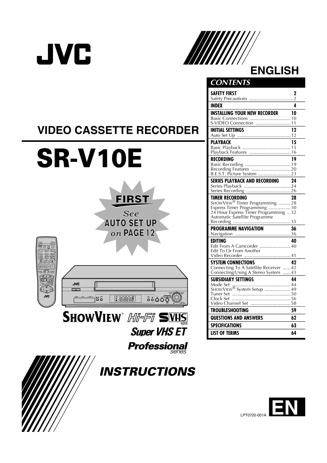 JVC SR-V10E specifications Video Cassette Recorder 