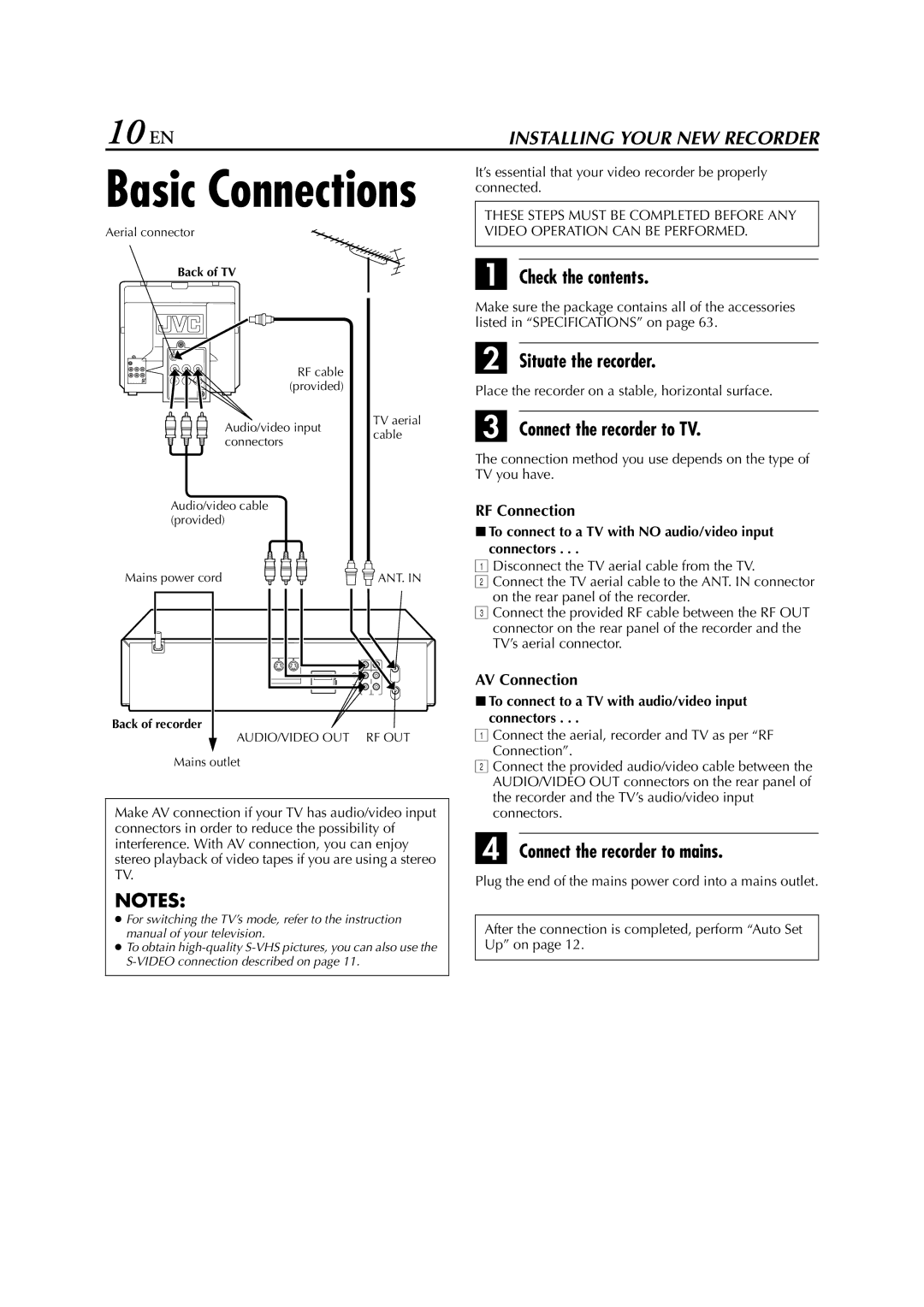 JVC SR-V10E 10 EN, Check the contents, Situate the recorder, Connect the recorder to TV, Connect the recorder to mains 