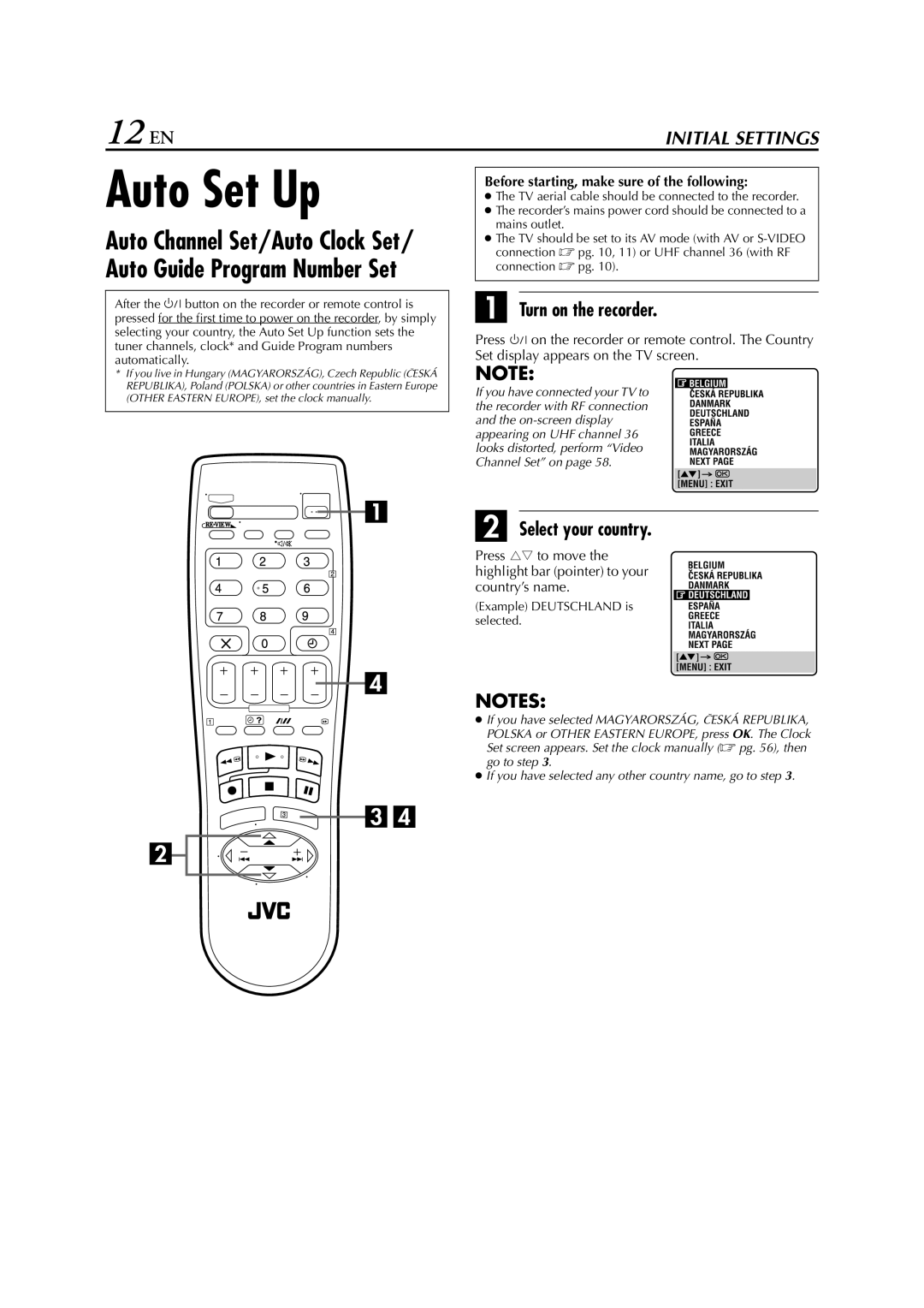 JVC SR-V10E Auto Set Up, 12 EN, Turn on the recorder, Select your country, Before starting, make sure of the following 