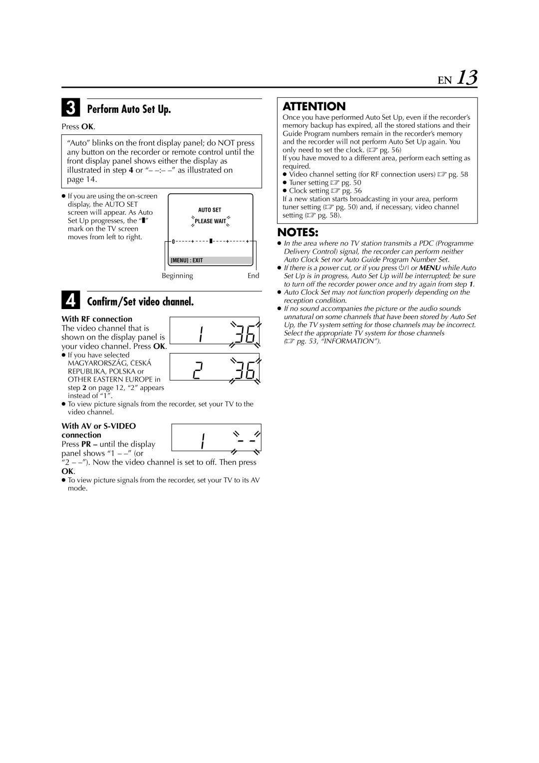 JVC SR-V10E Perform Auto Set Up, Confirm/Set video channel, With RF connection, With AV or S-VIDEO connection 