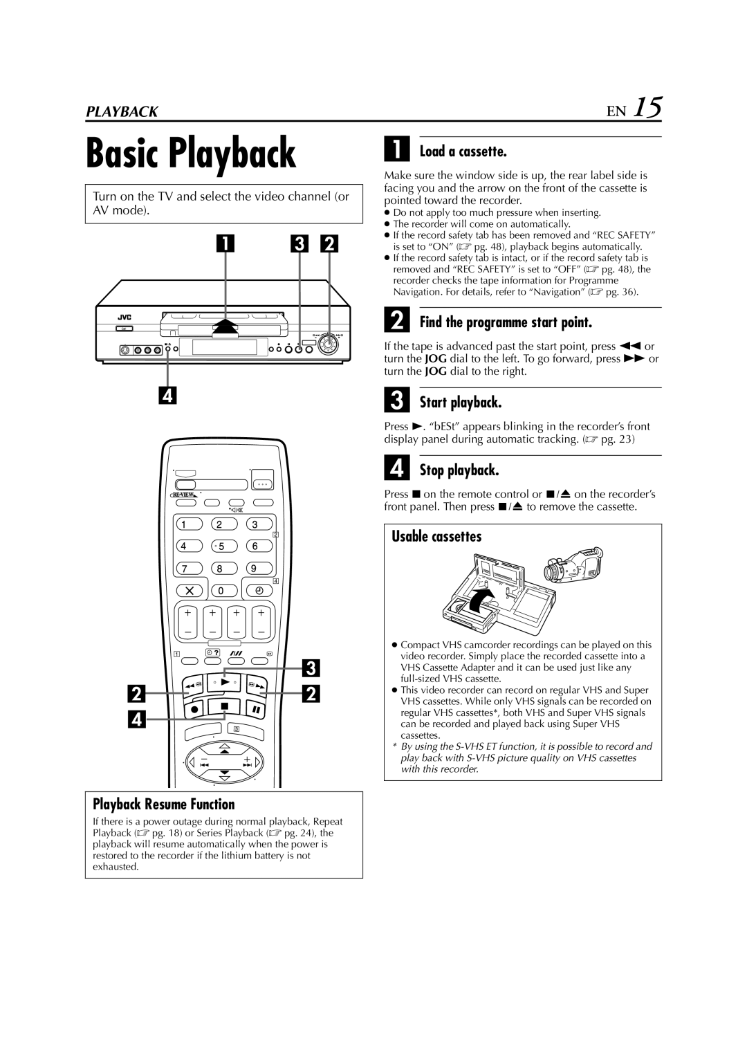 JVC SR-V10E specifications Basic Playback 