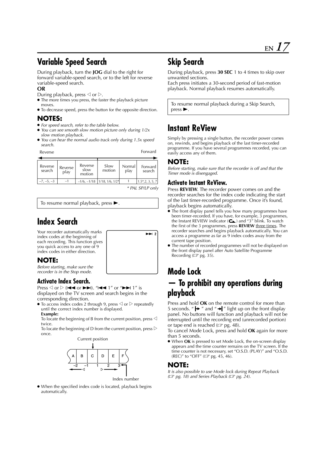 JVC SR-V10E specifications Variable Speed Search, Index Search, Skip Search, Instant ReView 