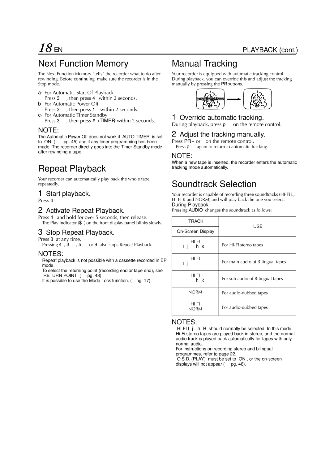 JVC SR-V10E specifications 18 EN, Next Function Memory, Repeat Playback, Manual Tracking, Soundtrack Selection 