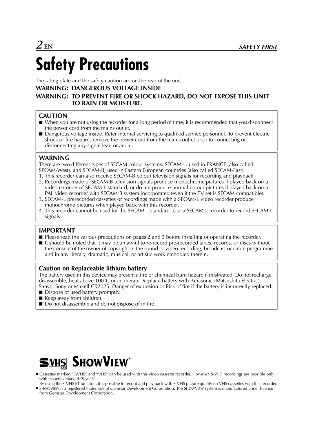 JVC SR-V10E specifications Safety Precautions 