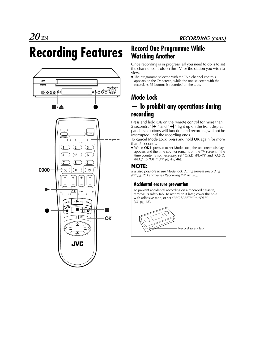 JVC SR-V10E 20 EN, Watching Another, Mode Lock To prohibit any operations during recording, Accidental erasure prevention 