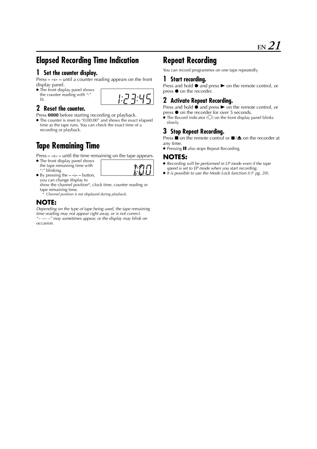 JVC SR-V10E specifications Tape Remaining Time, Repeat Recording 