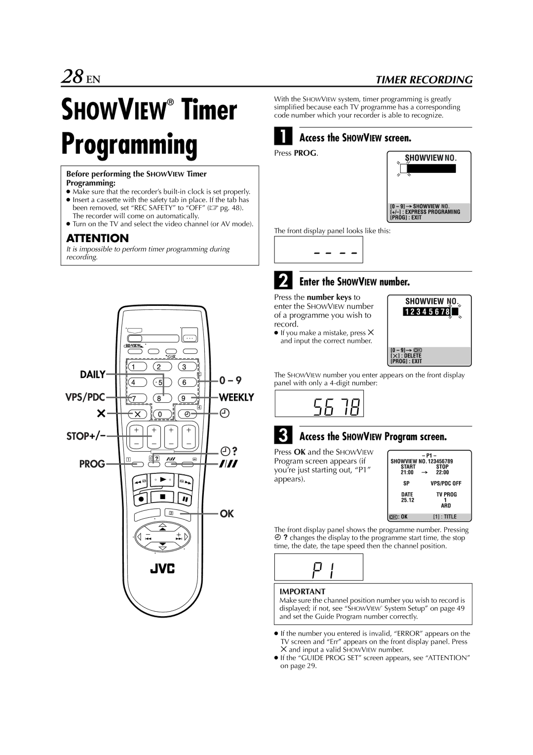 JVC SR-V10E specifications 28 EN, Access the Showview screen, Enter the Showview number, Access the Showview Program screen 