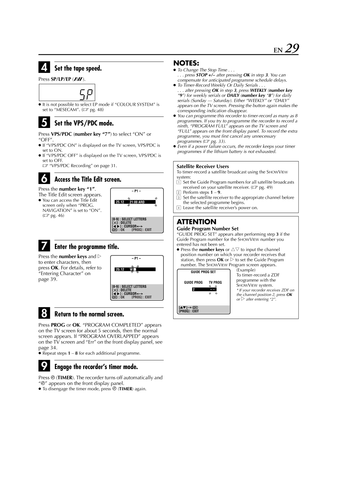 JVC SR-V10E Set the VPS/PDC mode, Access the Title Edit screen, Enter the programme title, Return to the normal screen 