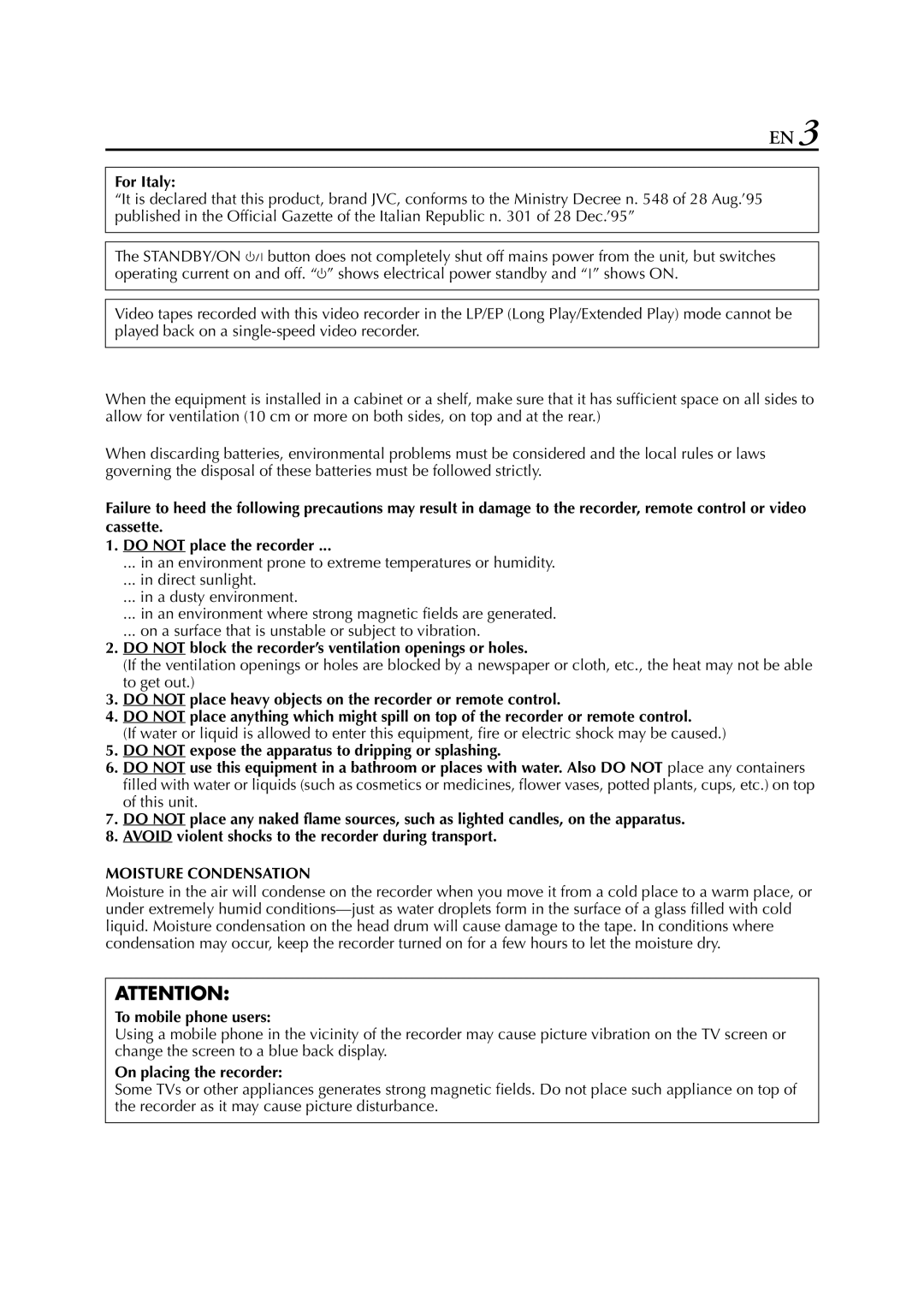 JVC SR-V10E specifications Moisture Condensation 