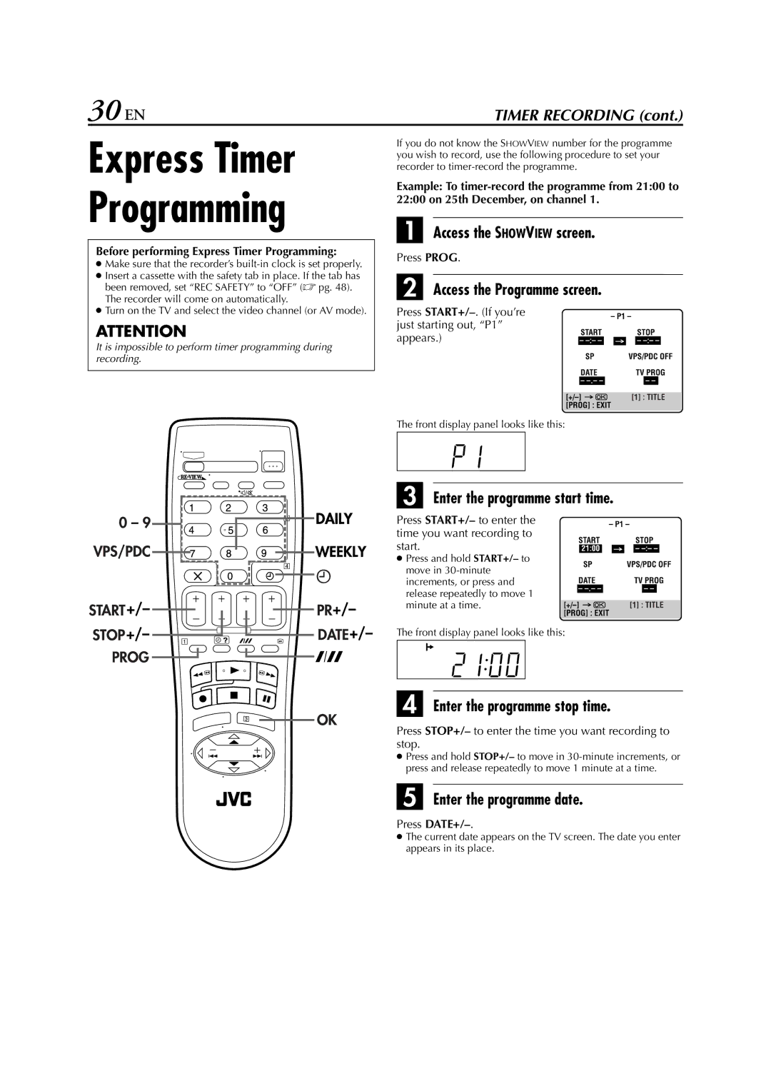 JVC SR-V10E specifications Express Timer Programming, 30 EN 