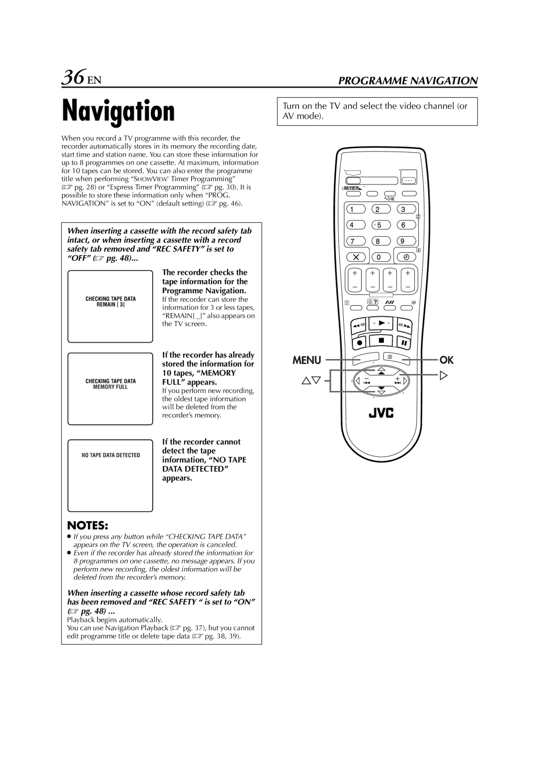 JVC SR-V10E specifications Navigation, 36 EN 