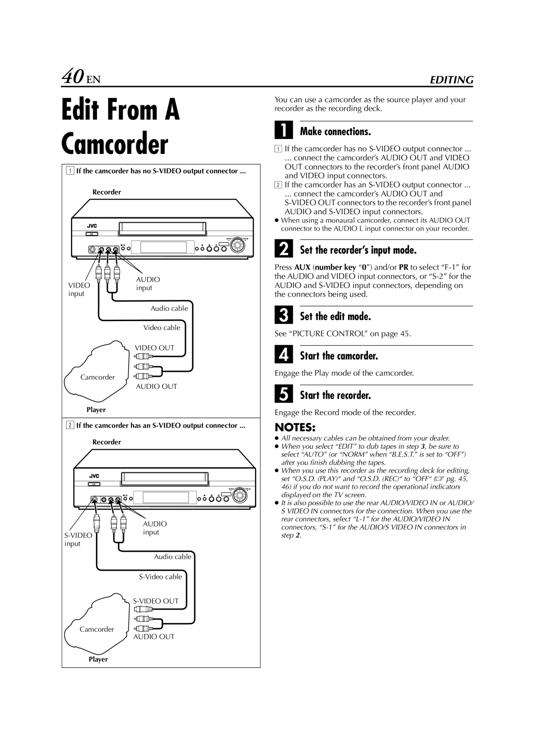 JVC SR-V10E specifications Edit From a Camcorder, 40 EN 