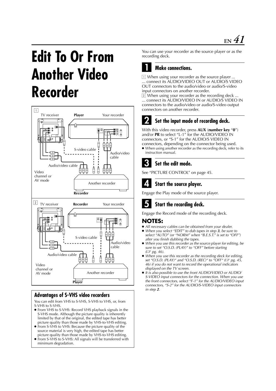 JVC SR-V10E Another Video Recorder, Advantages of S-VHS video recorders, Set the input mode of recording deck 