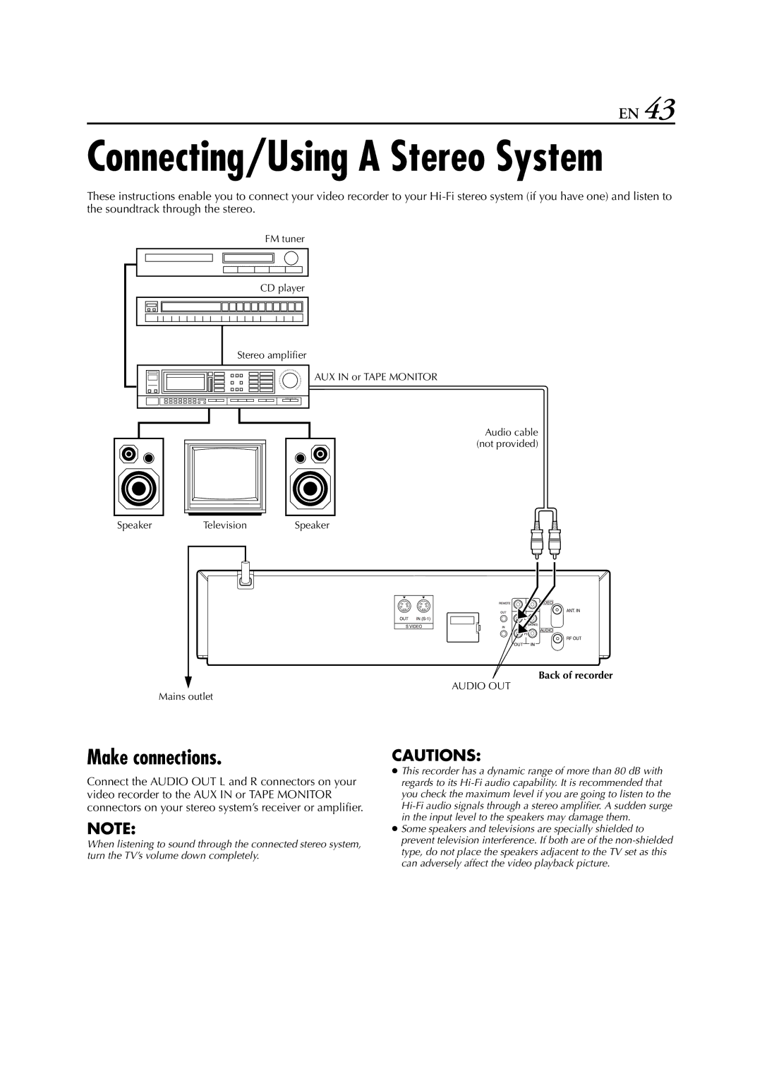 JVC SR-V10E specifications Connecting/Using a Stereo System, Make connections 