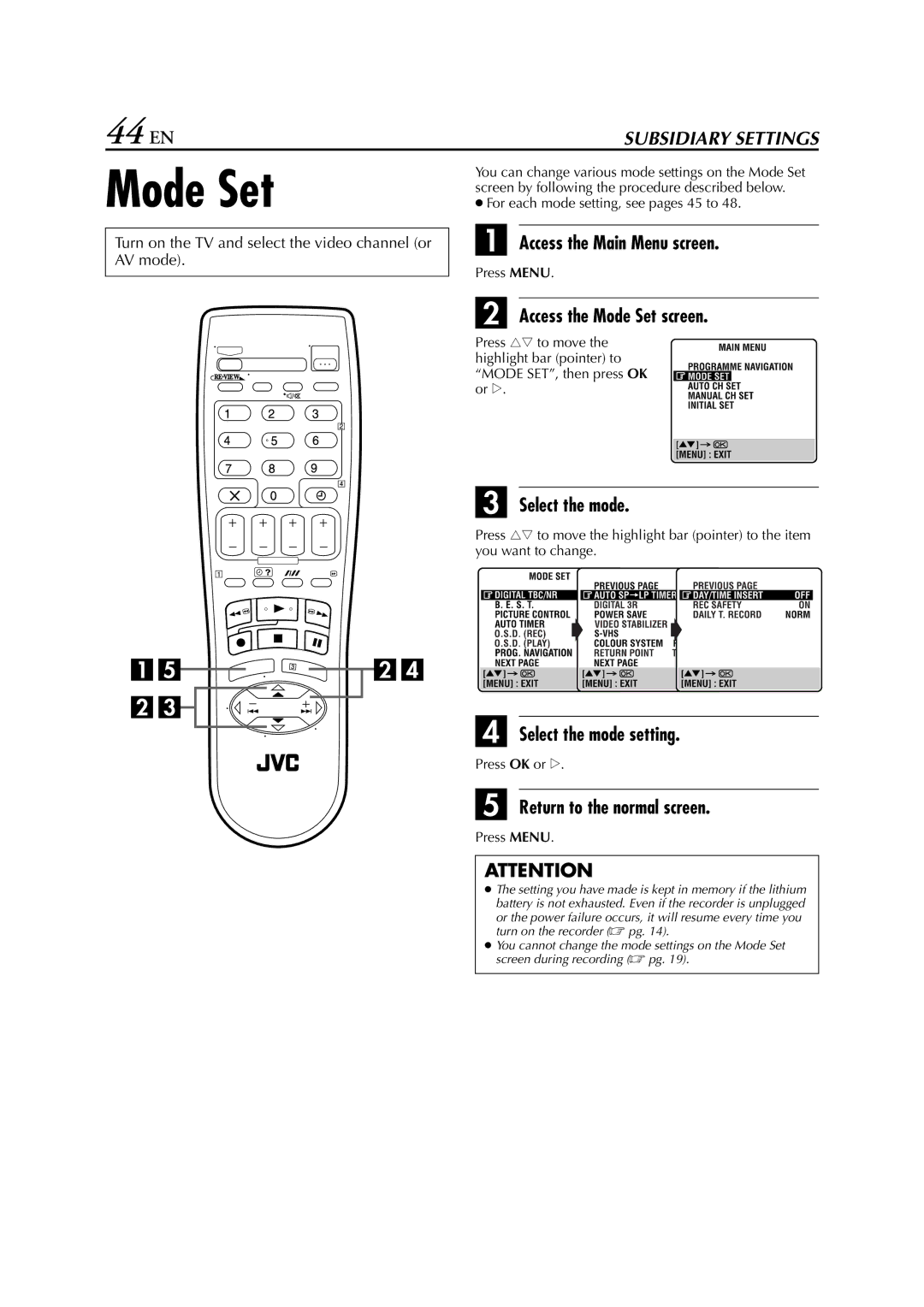 JVC SR-V10E specifications 44 EN, Access the Mode Set screen, Select the mode setting 