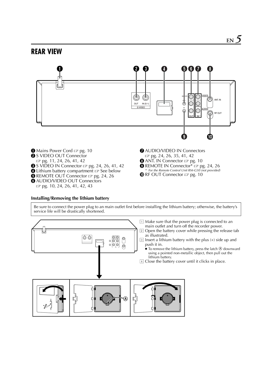 JVC SR-V10E specifications Rear View, Close the battery cover until it clicks in place 