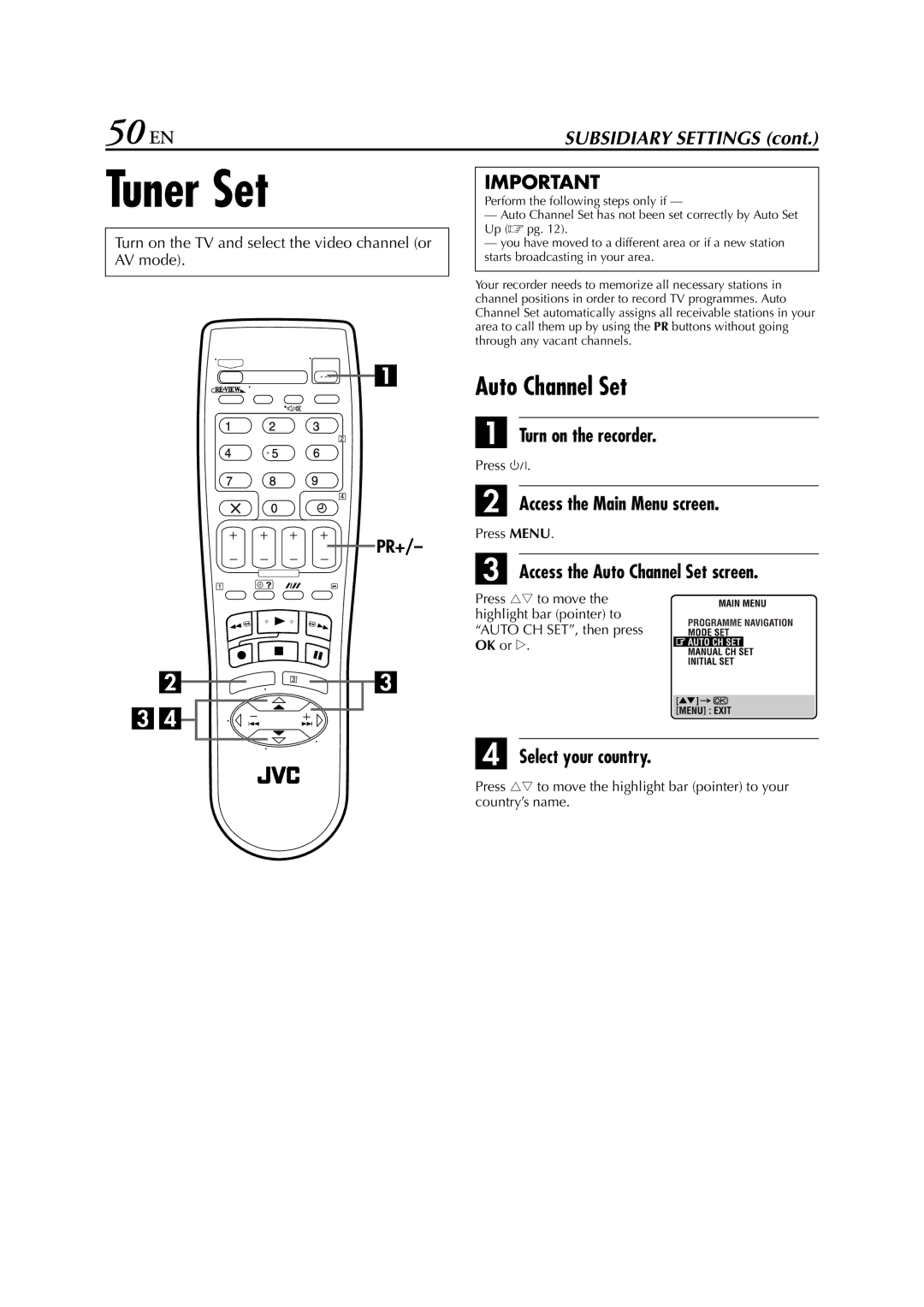 JVC SR-V10E specifications Tuner Set, 50 EN, Access the Auto Channel Set screen 