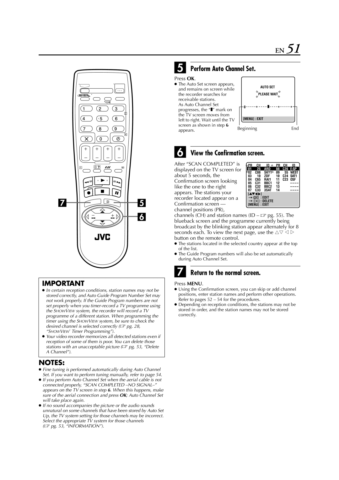 JVC SR-V10E specifications Perform Auto Channel Set, View the Confirmation screen, Press OK 