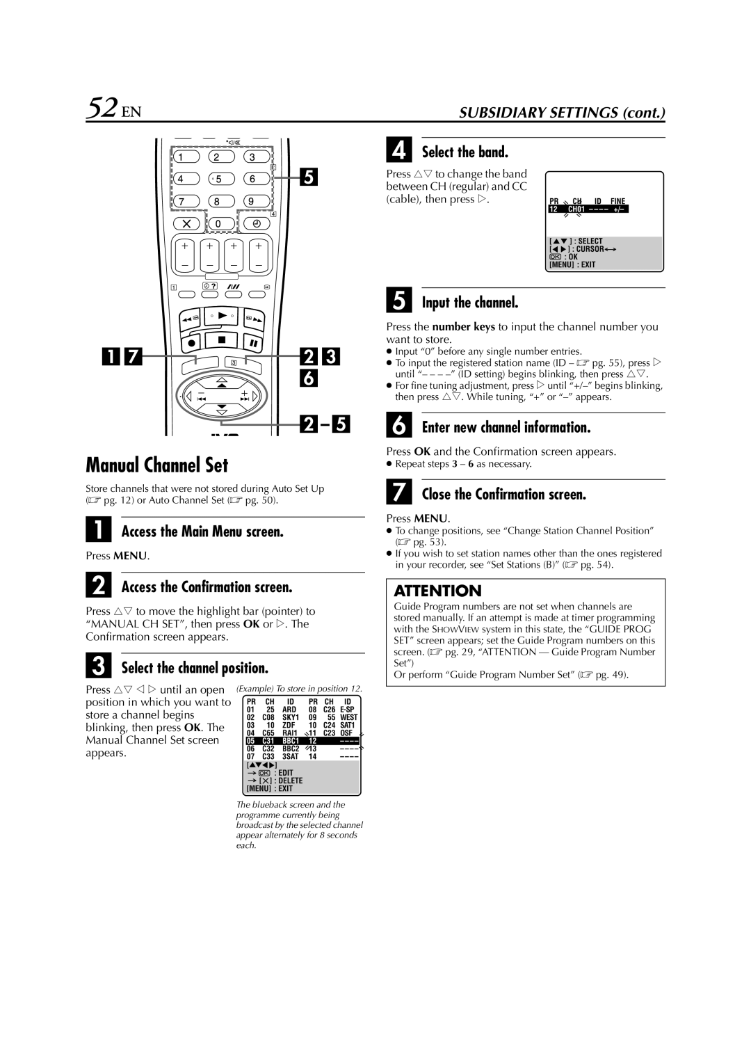 JVC SR-V10E specifications 52 EN, Manual Channel Set 