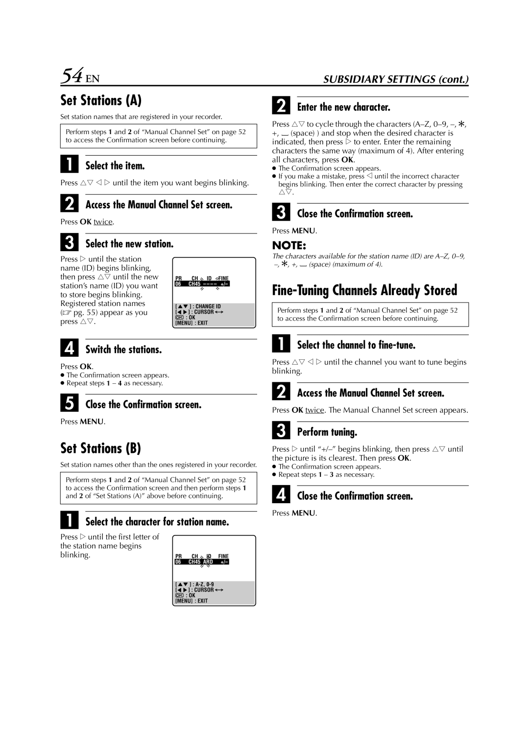 JVC SR-V10E specifications 54 EN, Set Stations a, Set Stations B 